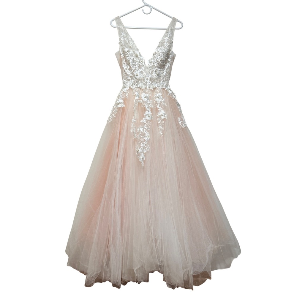 Jovani Off White Blush Floral Applique Tulle Bride Ballgown Prom Dress 2 Wedding